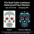 Tatuaje facial de calavera luminosa para Halloween con efecto bicolore que brilla - Patrón FCY-006