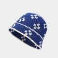 Detail of hand-knitted navy blue crochet bucket hat with white floral pattern - M (56-58cm) / Klein Blue