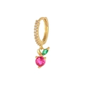 Detail of gold cherry earring with pink gemstone fruit and green marquise leaf charm - Gold Magenta Cherry