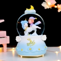 Blue unicorn music box snow globe with white angel wings and warm led lights - Large Internal Rotation + Snow + Light + Music / Blue Hat Unicorn (2066)