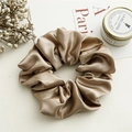 Champagne gold satin oversized scrunchie hair tie with elegant pleated silk texture - Large Khaki