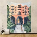 Detail of bohemian tapestry featuring tropical Mediterranean architecture and palm leaves on a wall - Gt1238 / 130X150CM (Short Plush)