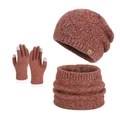 Winter knit set featuring orange-white pompom hat, neck gaiter, and touch screen gloves - Mixed Red 3-Piece Set (6124)