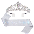 Detailed view of silver Mommy To Be sash with glitter finish and rhinestone tiara set - AB Rhinestone Crown + Silver Rainbow Sash
