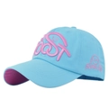 Detailed view of 3D pink embroidery with smiley face on a blue cotton baseball cap - Adjustable / Lake Blue