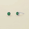 Minimalist stainless steel stud earrings featuring round emerald green crystal stone - May Green - Silver