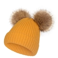 Bonnet tricoté jaune d'hiver avec deux grands pompons en fausse fourrure - M/Adulte / Jaune Gingembre