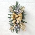 Close-up of Christmas swag with gold glitter bow and metallic ornaments on green pine needles - Gold (No LED)