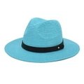 Detailed close-up of Tiffany blue paper straw fedora hat with a black faux leather band - M(56-58cm) / Lake Blue