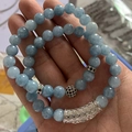 Set of two light blue bead bracelets with silver curved tube and black zircon accents - Aquamarine Silver Color