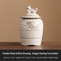Mini white ceramic tea canister with silver clouds and dragon lid, 500ml capacity - Silver Outline White Glaze - Dragon Jar