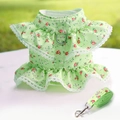 Detail of floral lace pet harness and leash set with metal D-ring and red flower patterns - S / Light Green Floral