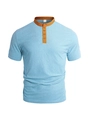 T-shirt Henley slim bleu clair à manches courtes avec col contrasté marron - Bleu clair