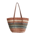 Borsa tote in paglia intrecciata arcobaleno con strisce colorate e manici in pelle - Corallo
