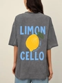 Vintage γκρι βαμβακερό t-shirt με καλλιτεχνικό τύπωμα λεμονιού και oversized γραμμή - M / Ξεπλυμένο Μαύρο