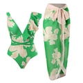 Detail of green floral bikini set with ruffle shoulder and matching bow sarong wrap - S / Y8 Green Set