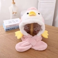 Pink penguin cartoon hooded scarf for kids made of warm plush fabric with earflaps - Pink Duck Integrated Hat