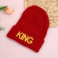 Red winter knit beanie with yellow KING embroidery and decorative tulip background - Red Yellow KING