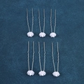 Detail of bridal U-shaped hair pins with white floral decorations and silver metal wave pins - Layered Petal Flower Style (FZ-001) / 6Pcs/Set / White