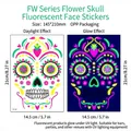 Fluorescent Day of the Dead face tattoo with colorful floral skull design and UV glow effect - FW-001