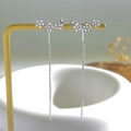 Detailed close-up of silver long tassel earrings with sparkling star-shaped zircon studs - Side-by-side Star Rhinestone Minimalist Style (N-373)