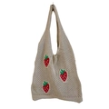 Borsa tote beige all'uncinetto con motivo a fragole e design a maglia traforata - Cachi