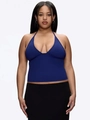 Slim fit deep V-neck halter top in navy blue shown on model with black skirt - XS / Blue and Purple