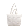 White quilted puffer tote bag with fashion leather patch and dual handles for travel - White