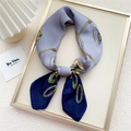Elegant lavender and navy silk square scarf featuring gold chain and horsebit patterns - Navy Jade Chain