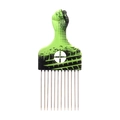 Neon green afro pick with black fist handle and thirteen durable metal teeth - K3 / Green Off-road Pattern