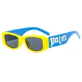 Kids color-block sunglasses with vibrant yellow frame and blue temples with palm lettering - Yellow Frame Blue Legs Grey Lens