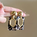 Retro geometric resin earrings with leopard print rectangle pendant and gold metal studs - 34# 925 Sterling Silver Earring Post - Gold - Rectangle