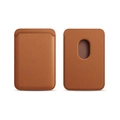 Brown leather MagSafe wallet for iPhone featuring a card slot with a thumb hole cutout - Saddle Brown