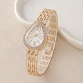 Detail of teardrop quartz watch with crystal bezel and rose gold metal link strap - White