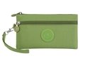 Grass green nylon wristlet pouch with double zippers and circular rubber logo detail - Grass Green