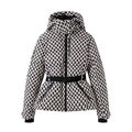 Detail of hooded padded puffer jacket with geometric diamond pattern and waist belt - XS / Black White Grid