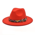 Detail of red wool fedora hat featuring a rainbow snake skin belt with golden buckle - M (56-58cm) / Orange Red