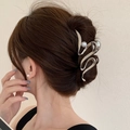 Detailed side view of silver Y2K metal shark hair claw with pearl accent in hair - Silver Streamline Style with Artificial Pearl (FJ0525)