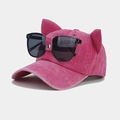 Pink baseball cap with cat ears and aviator sunglasses detail on a clean background - Adjustable / Rose Red