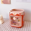Cute pink and orange fridge-shaped desk organizer with drawers and cartoon stickers - Pig Shaped Pen Holder / With Stickers / Orange Pink