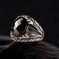 Vintage punk silver ring with large black gemstone and intricate engraved floral patterns - US 7 / Faceted Gemstones