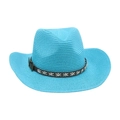 Chapeau de paille de style western bleu cyan avec bandeau en cuir brodé - Bleu lac