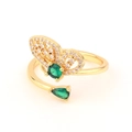 Detailed close-up of butterfly ring with green crystals and sparkling pave zirconias - Emerald Pear Cut Zirconia Butterfly (Style 5)