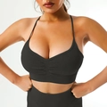 Black ribbed sports bra with thin straps and scrunch front detail for yoga and fitness - S / Matte Black