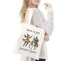 Detail of white canvas tote bag featuring medieval knight illustration and slogan - Knight and Jester Born to Jest Print