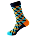 Fashion crew socks featuring 3D orange, blue, and black geometric block patterns - No. 181 Orange Blue Cube