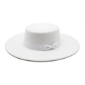 Elegant white flat top wool felt fedora hat with wide brim and matching ribbon bow detail - M (56-58cm) / White