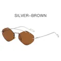 Polygonale randlose Sonnenbrille mit silbernen Metallrahmen und braunen Gläsern - Silberner Rahmen Braune Linse