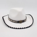 White felt western cowboy hat featuring a brown leather band and bull head buckle - White Black Edge