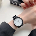 Minimalist quartz watch with black leather strap and round white dial for students - Large Size - Scale White Dial